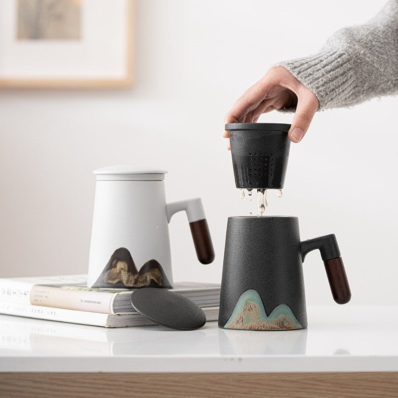 Yuanshan ceramic mug with lid, large-capacity filtered tea cup, office simple tea separation cup, Japanese style