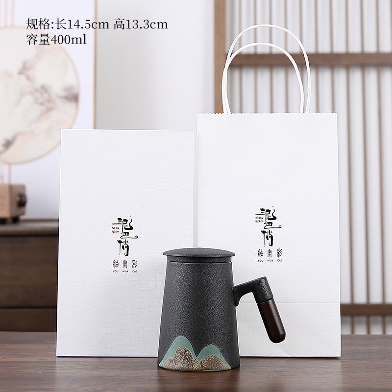 Yuanshan ceramic mug with lid, large-capacity filtered tea cup, office simple tea separation cup, Japanese style