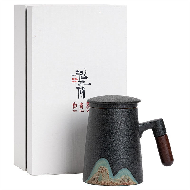 Yuanshan ceramic mug with lid, large-capacity filtered tea cup, office simple tea separation cup, Japanese style
