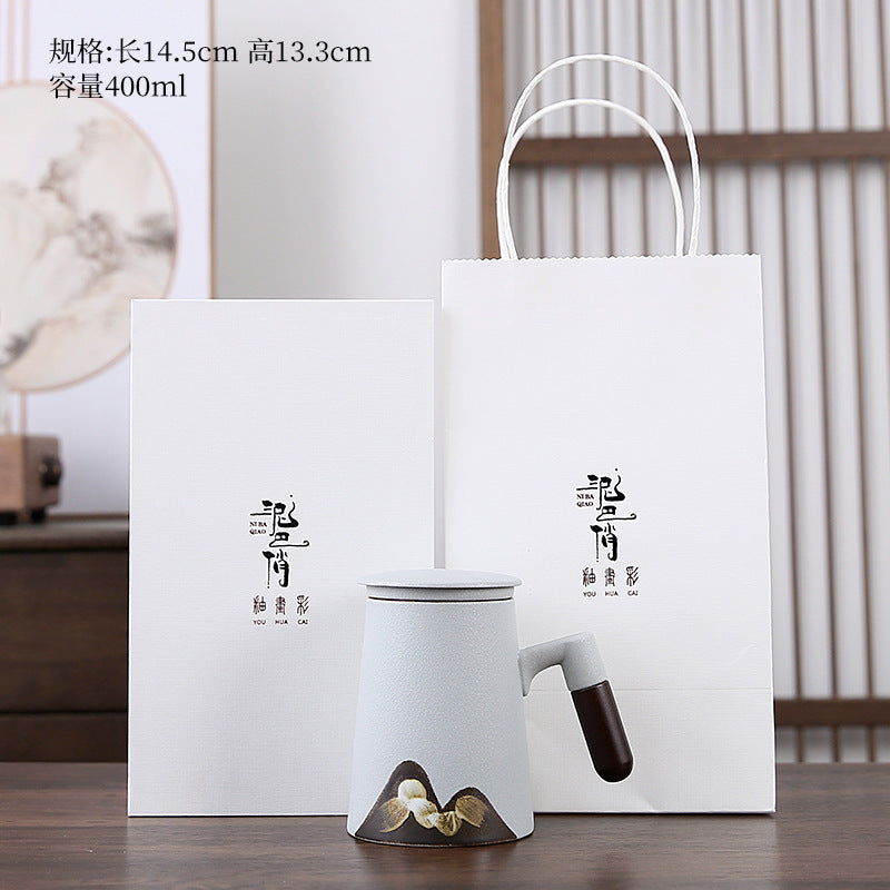 Yuanshan ceramic mug with lid, large-capacity filtered tea cup, office simple tea separation cup, Japanese style