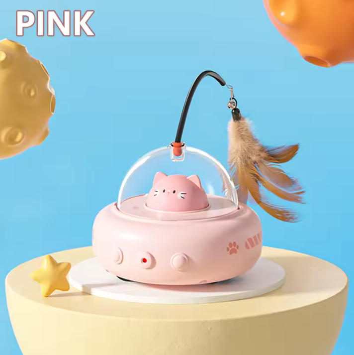 Pink Cat Laser with Feather Toy with a transparent dome and feather on a blue background
