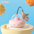 Pink Cat Laser with Feather Toy with a transparent dome and feather on a blue background