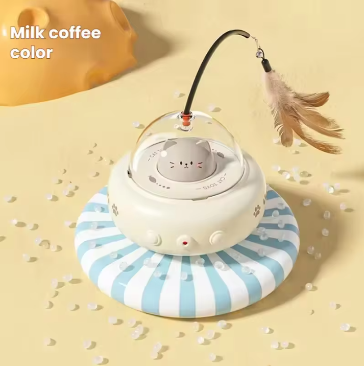Milk Coffee Color Cute Cat Laser with Feather Toy with a transparent dome on a striped base against a beige background.