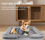 Dog lying on a gray cozy bolster pillow with text describing its use.
